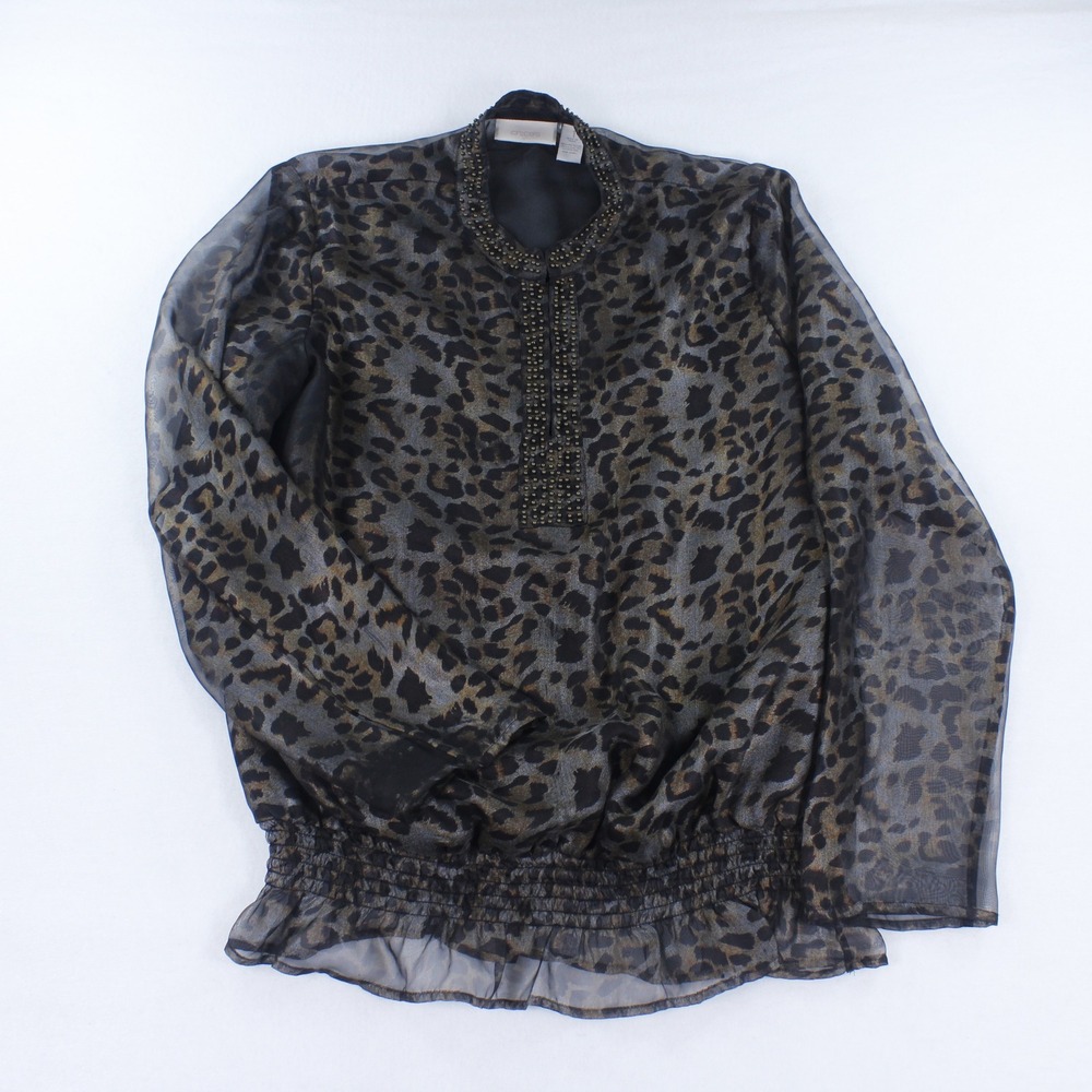 Chico's Leopard Print Sheer Blouse Beaded Neck Smocked Hem Women's Size 1 M